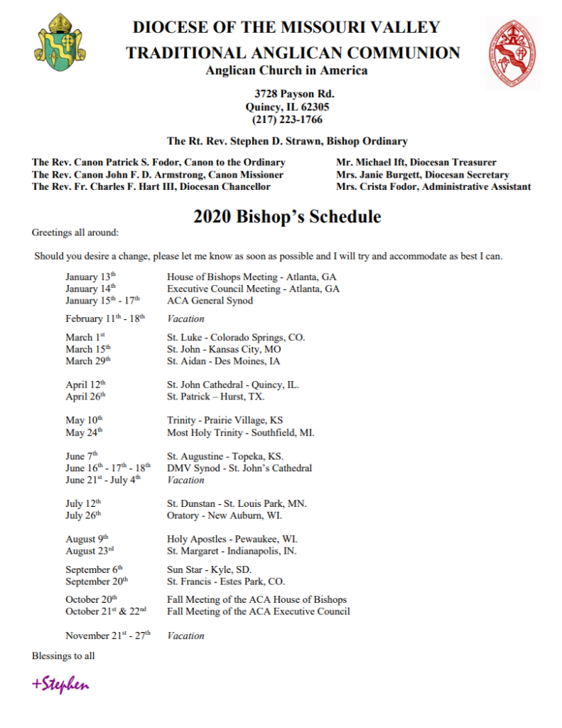 2020 Visitation Schedule – Diocese of Missouri Valley | Catholic Faith